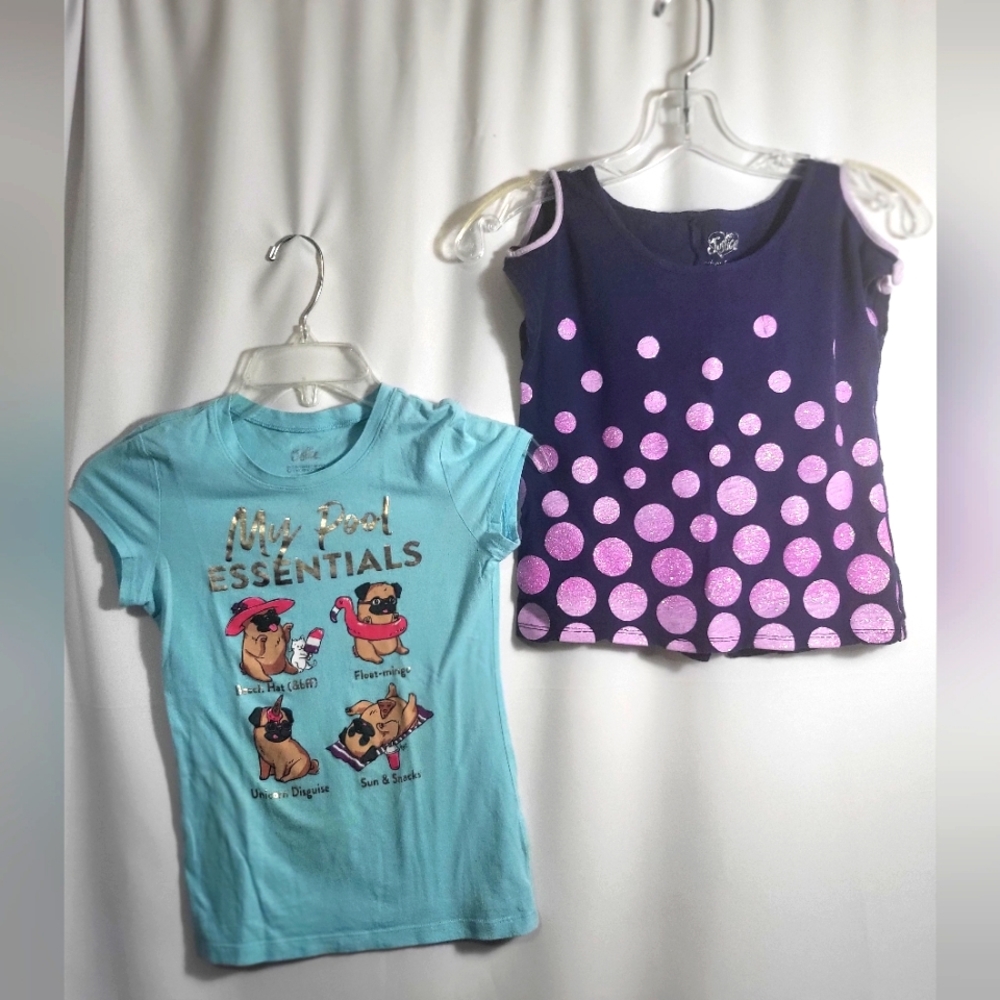Justice 2 tops blue with purple dots blue tee girls S  #1706